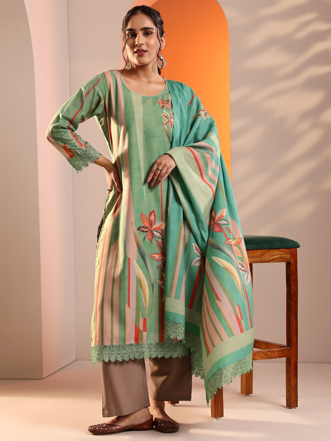 Green Abstract Printed Crepe Straight Suit Set With Dupatta