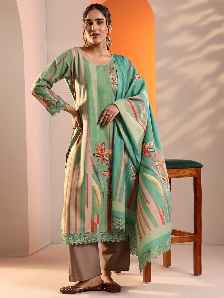 Green Abstract Printed Crepe Straight Suit Set With Dupatta
