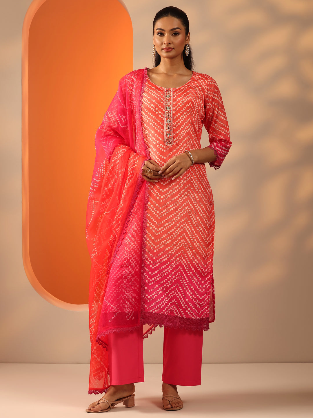 Orange Printed Chinon Straight Suit Set With Dupatta
