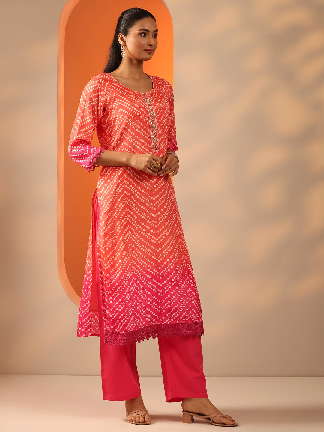 Orange Printed Chinon Straight Suit Set With Dupatta
