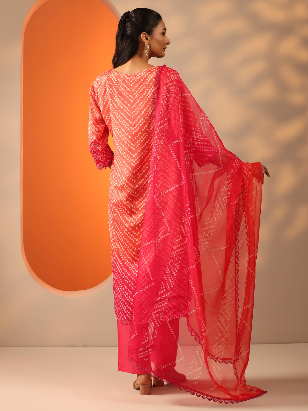 Orange Printed Chinon Straight Suit Set With Dupatta