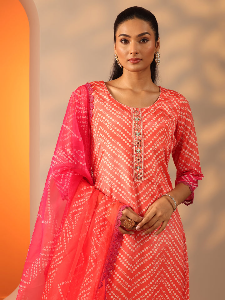 Orange Printed Chinon Straight Suit Set With Dupatta