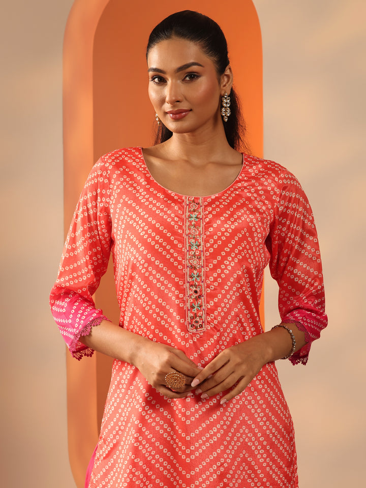 Orange Printed Chinon Straight Suit Set With Dupatta