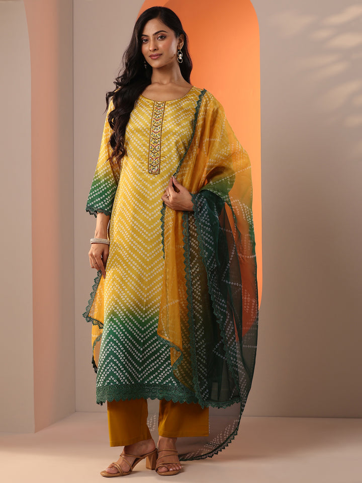 Mustard Printed Chinon Straight Suit Set With Dupatta