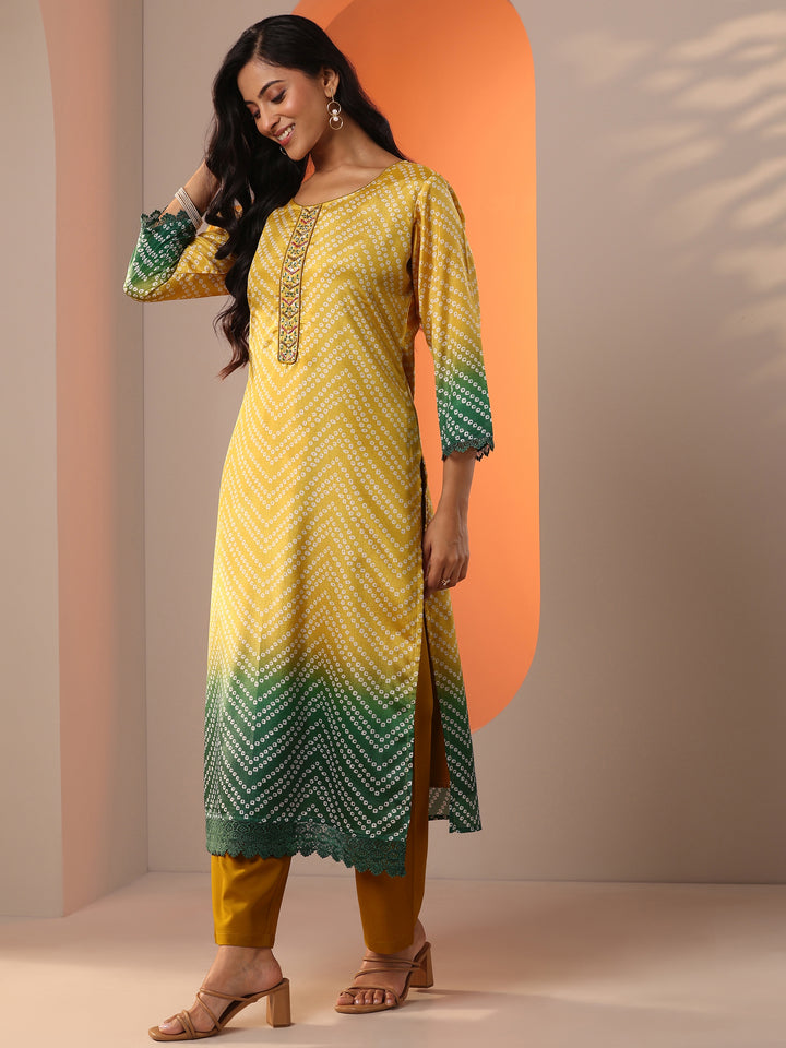 Mustard Printed Chinon Straight Suit Set With Dupatta