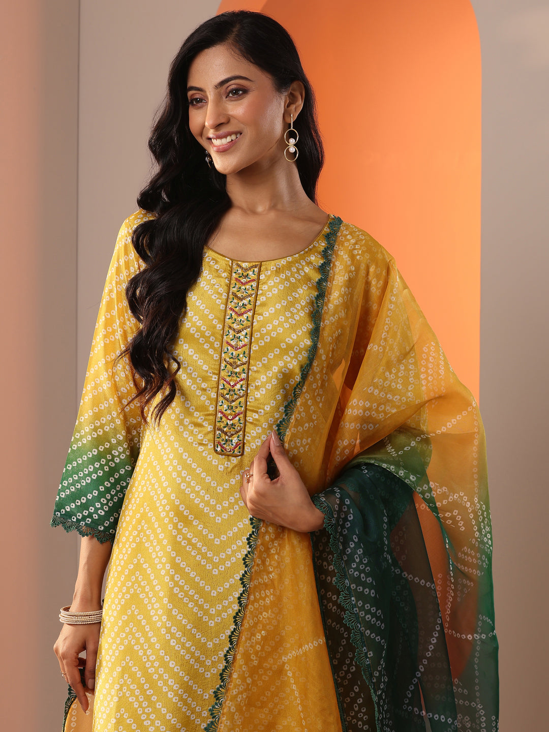 Mustard Printed Chinon Straight Suit Set With Dupatta