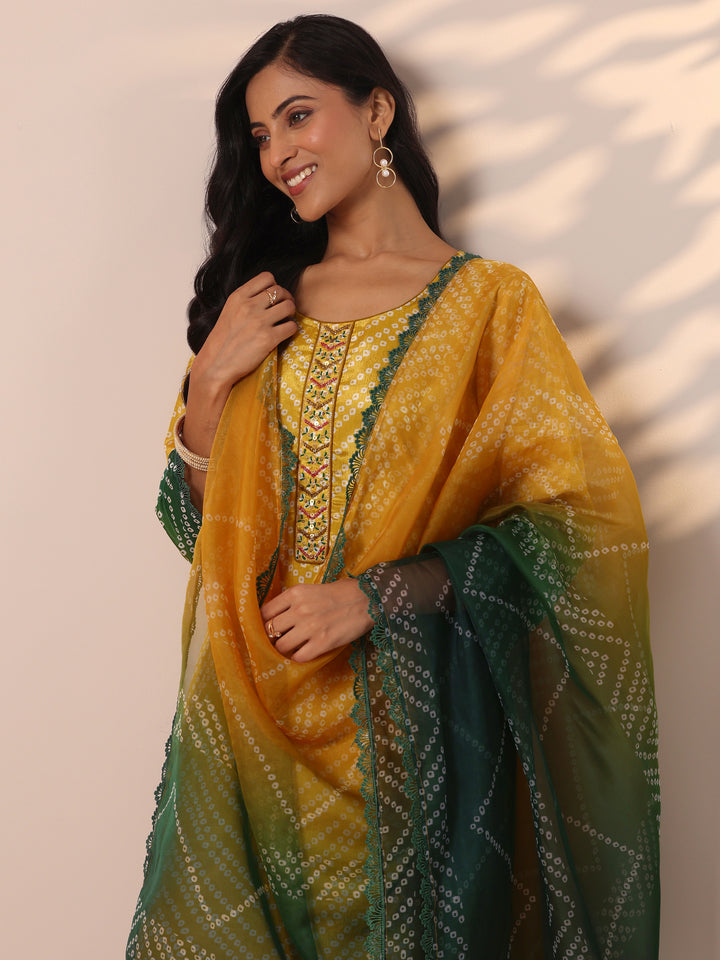 Mustard Printed Chinon Straight Suit Set With Dupatta