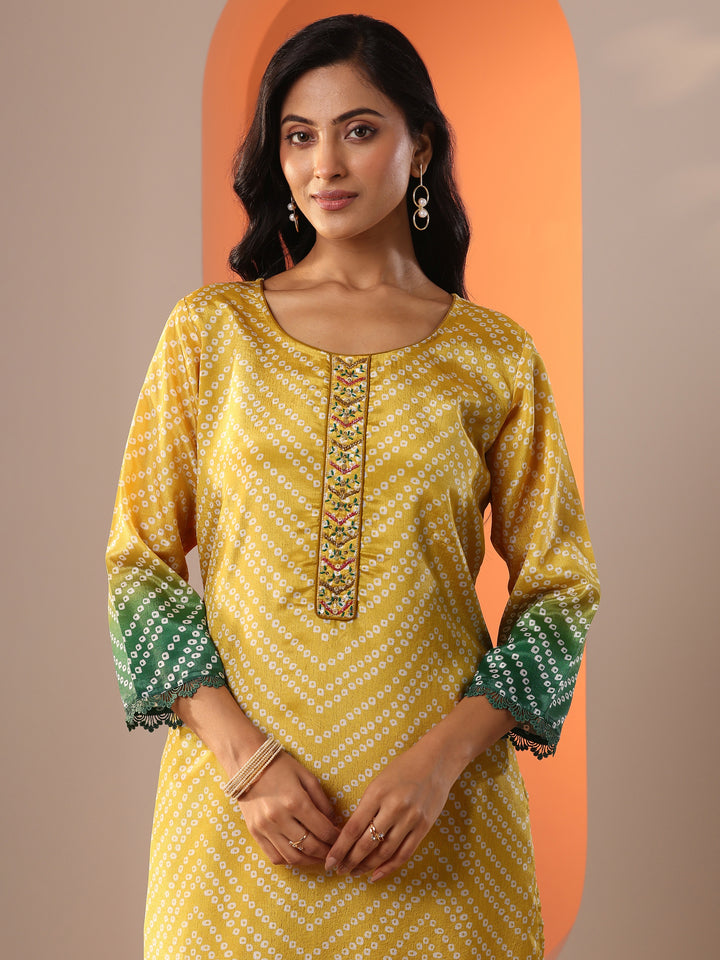 Mustard Printed Chinon Straight Suit Set With Dupatta