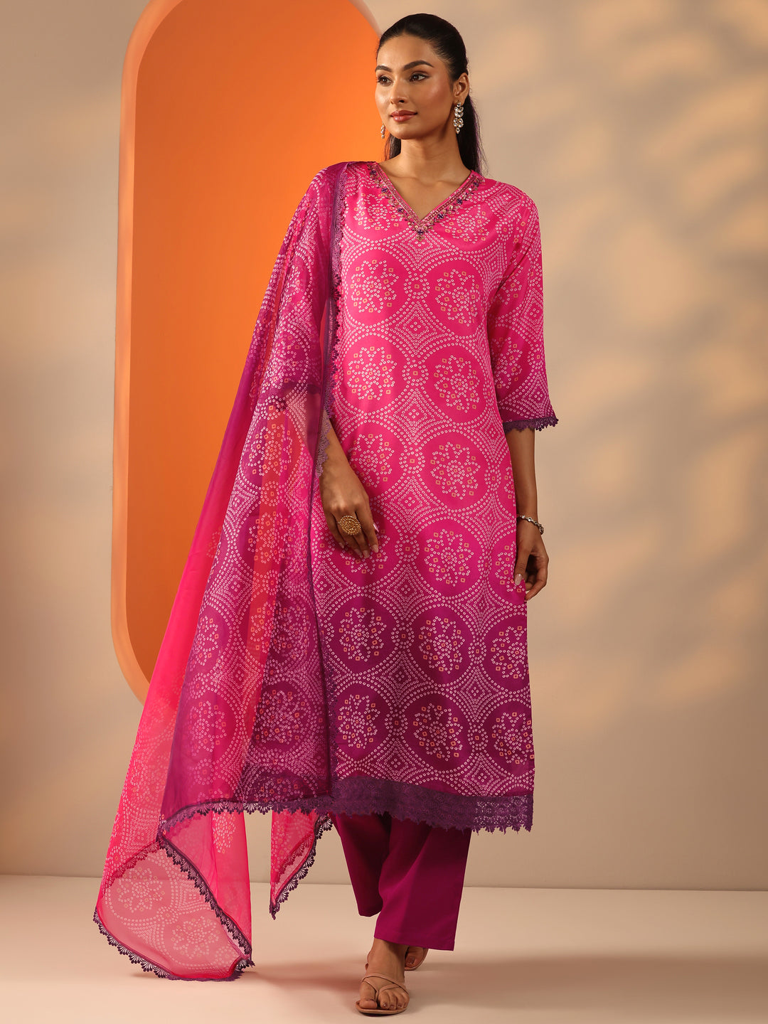 Pink Printed Chinon Straight Suit Set With Dupatta