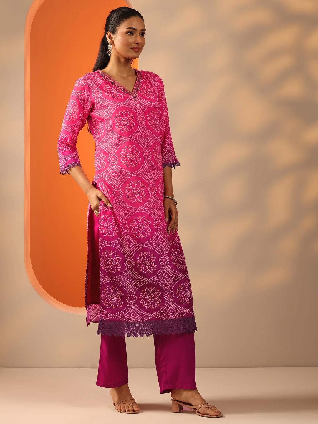 Pink Printed Chinon Straight Suit Set With Dupatta