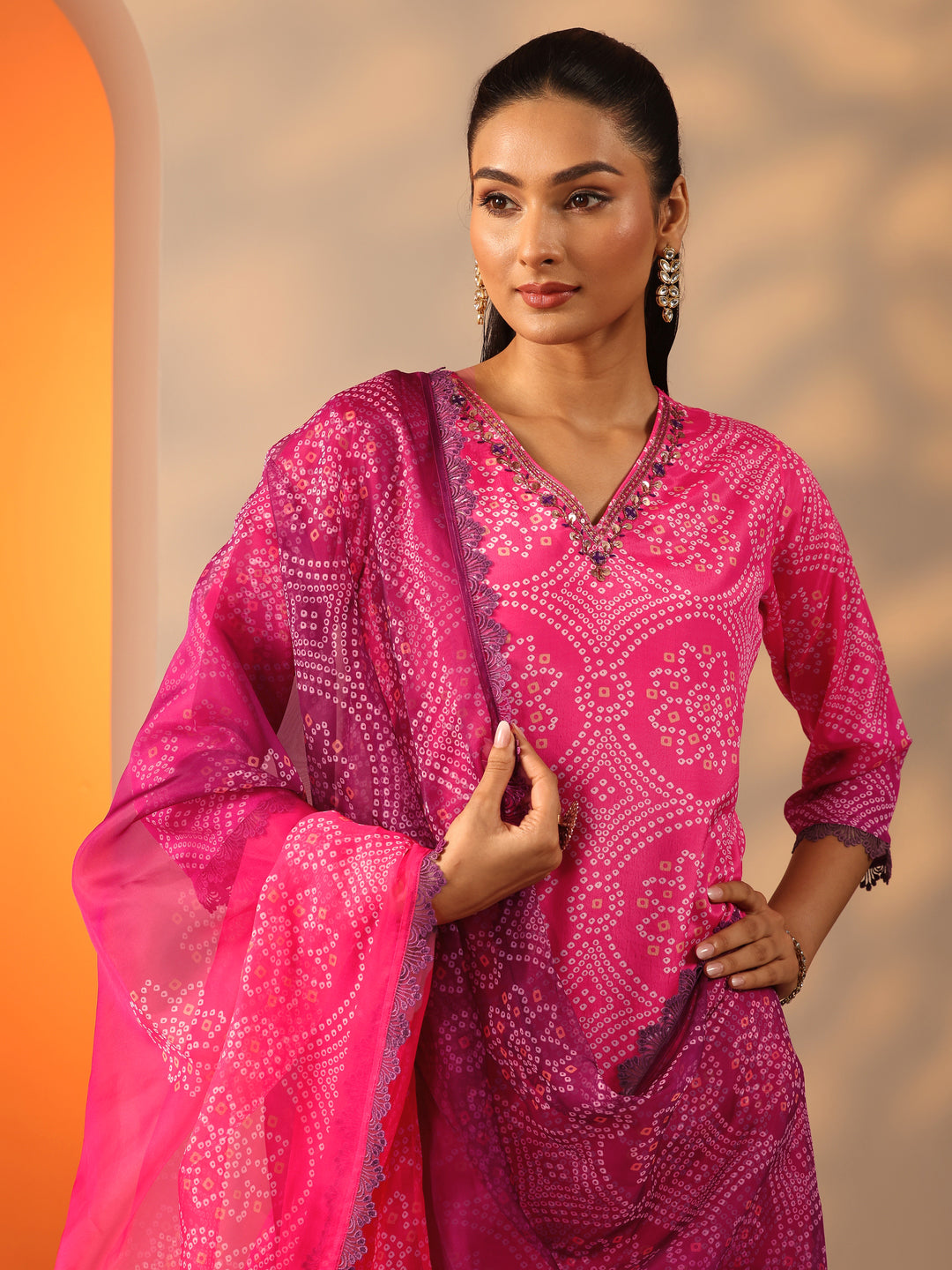 Pink Printed Chinon Straight Suit Set With Dupatta