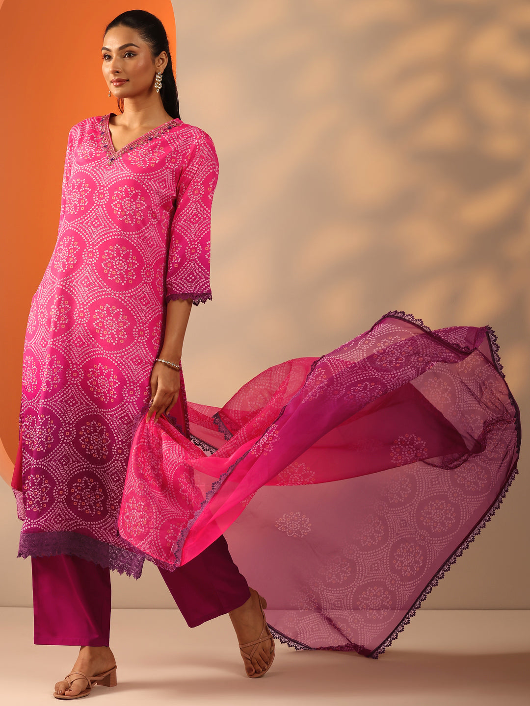 Pink Printed Chinon Straight Suit Set With Dupatta