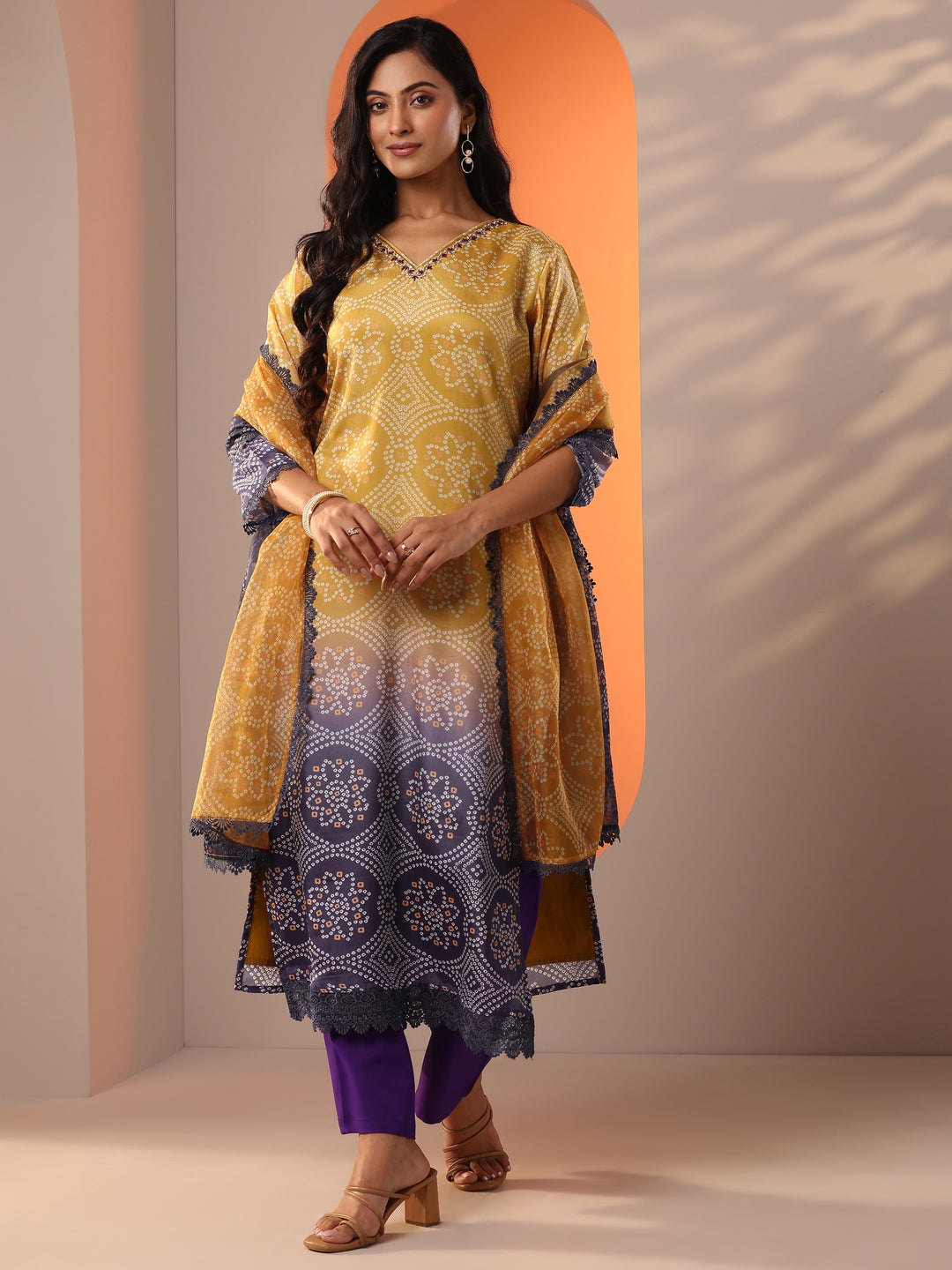 Mustard Printed Chinon Straight Suit Set With Dupatta
