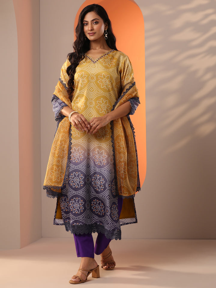 Mustard Printed Chinon Straight Suit Set With Dupatta
