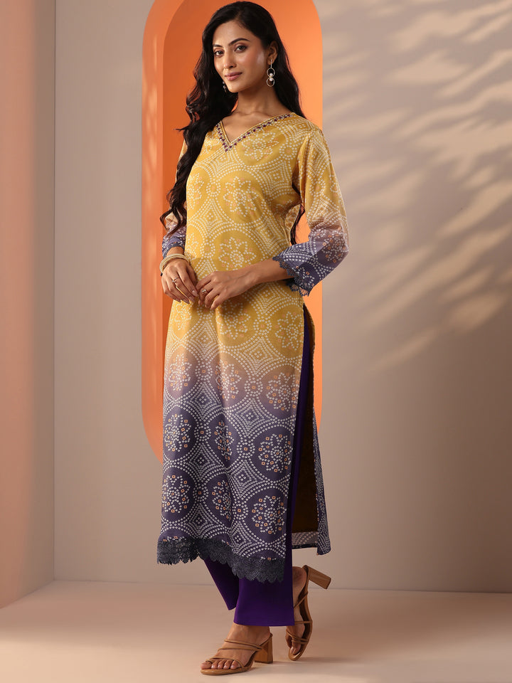 Mustard Printed Chinon Straight Suit Set With Dupatta
