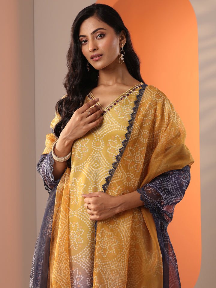 Mustard Printed Chinon Straight Suit Set With Dupatta