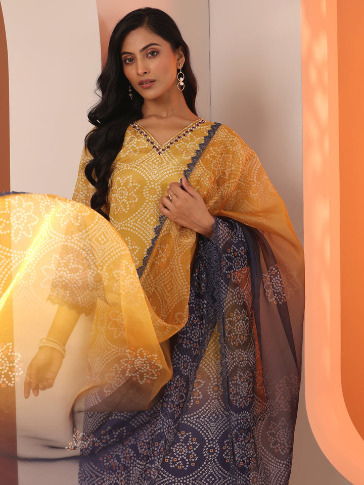 Mustard Printed Chinon Straight Suit Set With Dupatta
