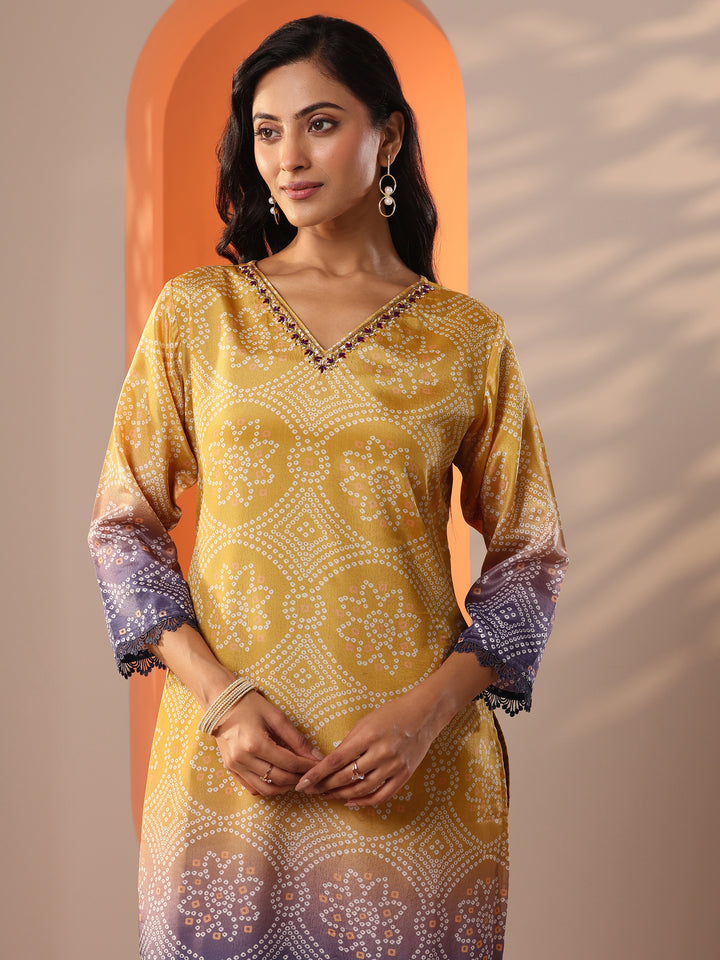 Mustard Printed Chinon Straight Suit Set With Dupatta