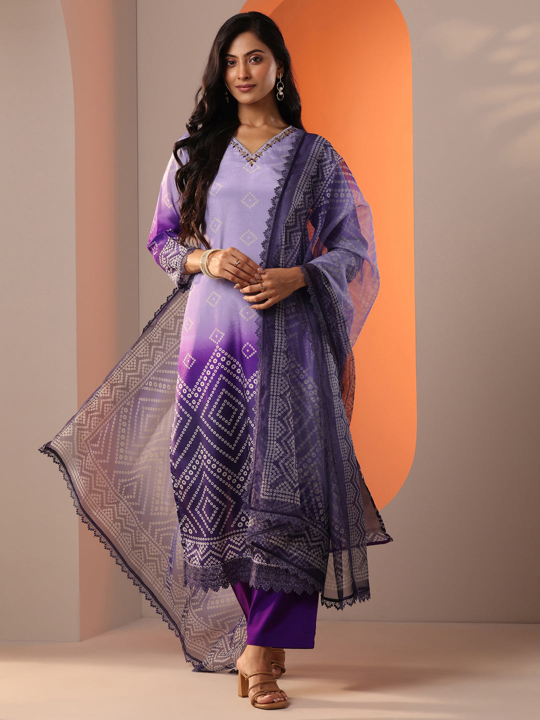 Lavender Printed Chinon Straight Suit Set With Dupatta