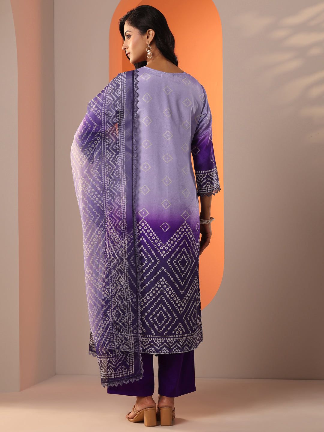 Lavender Printed Chinon Straight Suit Set With Dupatta