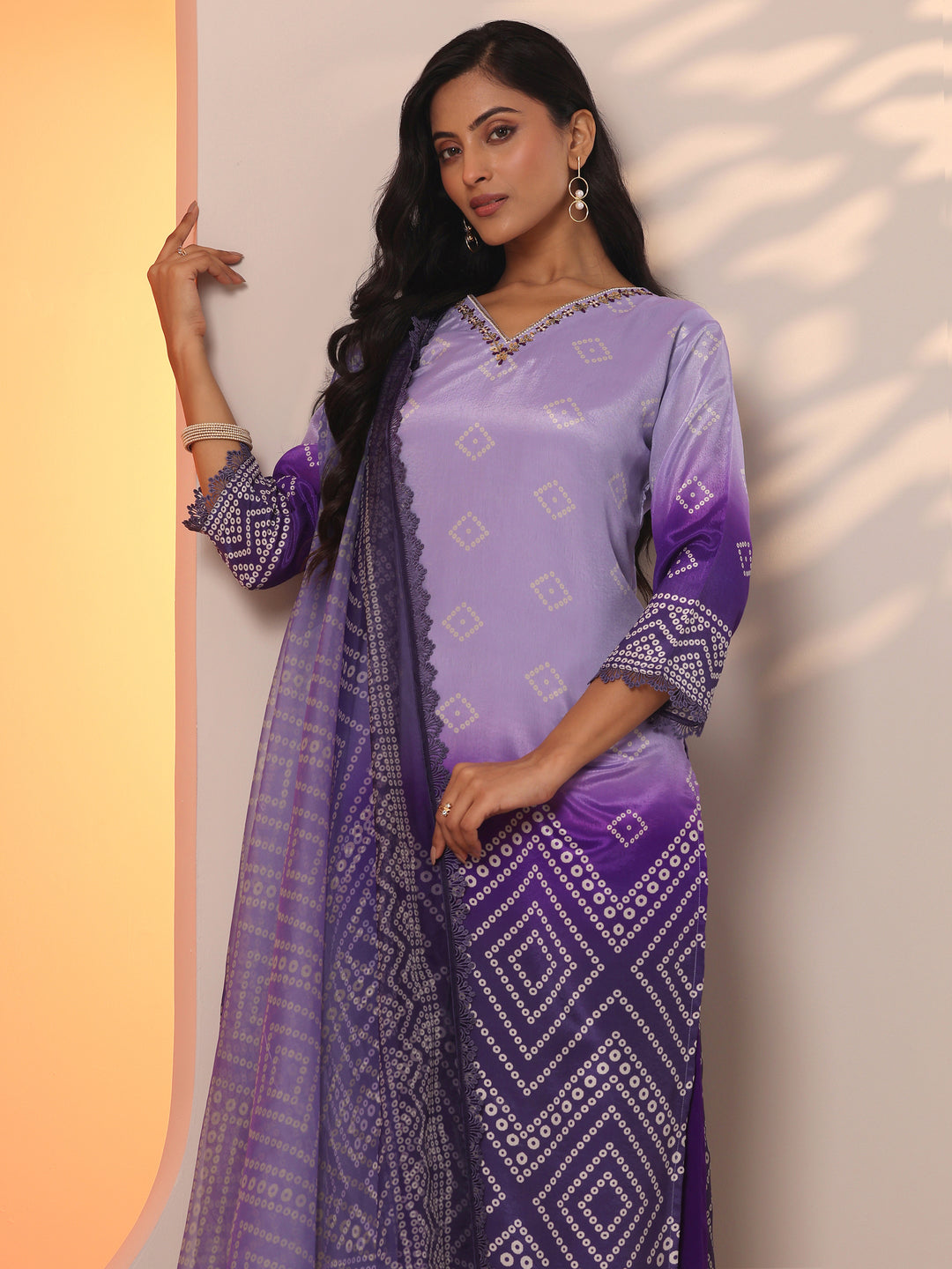 Lavender Printed Chinon Straight Suit Set With Dupatta