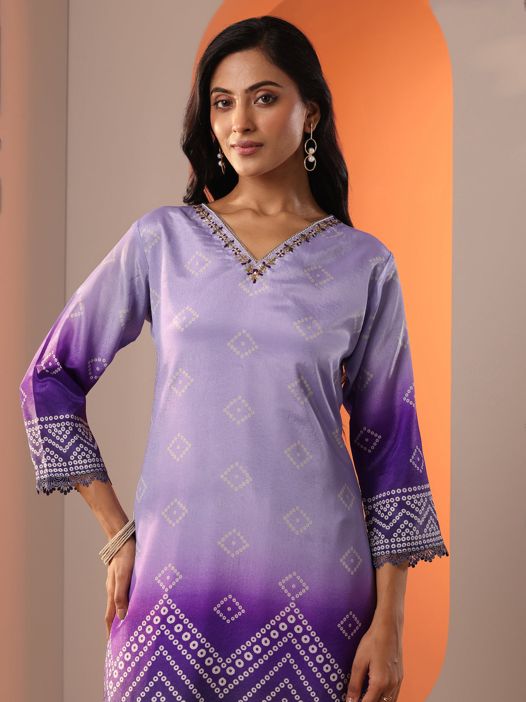 Lavender Printed Chinon Straight Suit Set With Dupatta