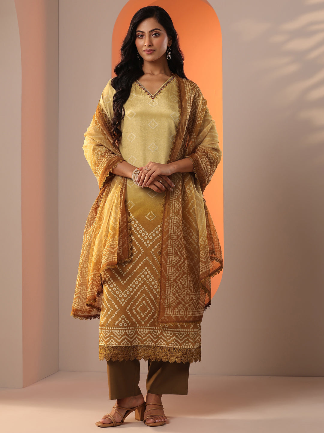 Mustard Printed Chinon Straight Suit Set With Dupatta