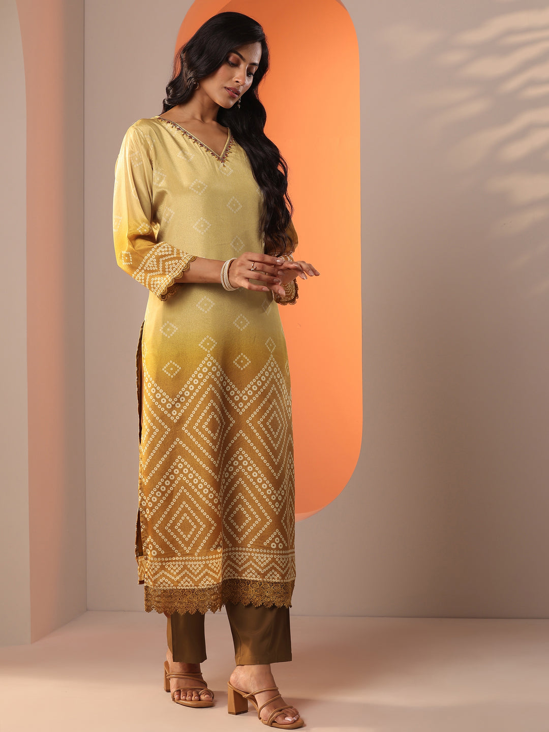 Mustard Printed Chinon Straight Suit Set With Dupatta