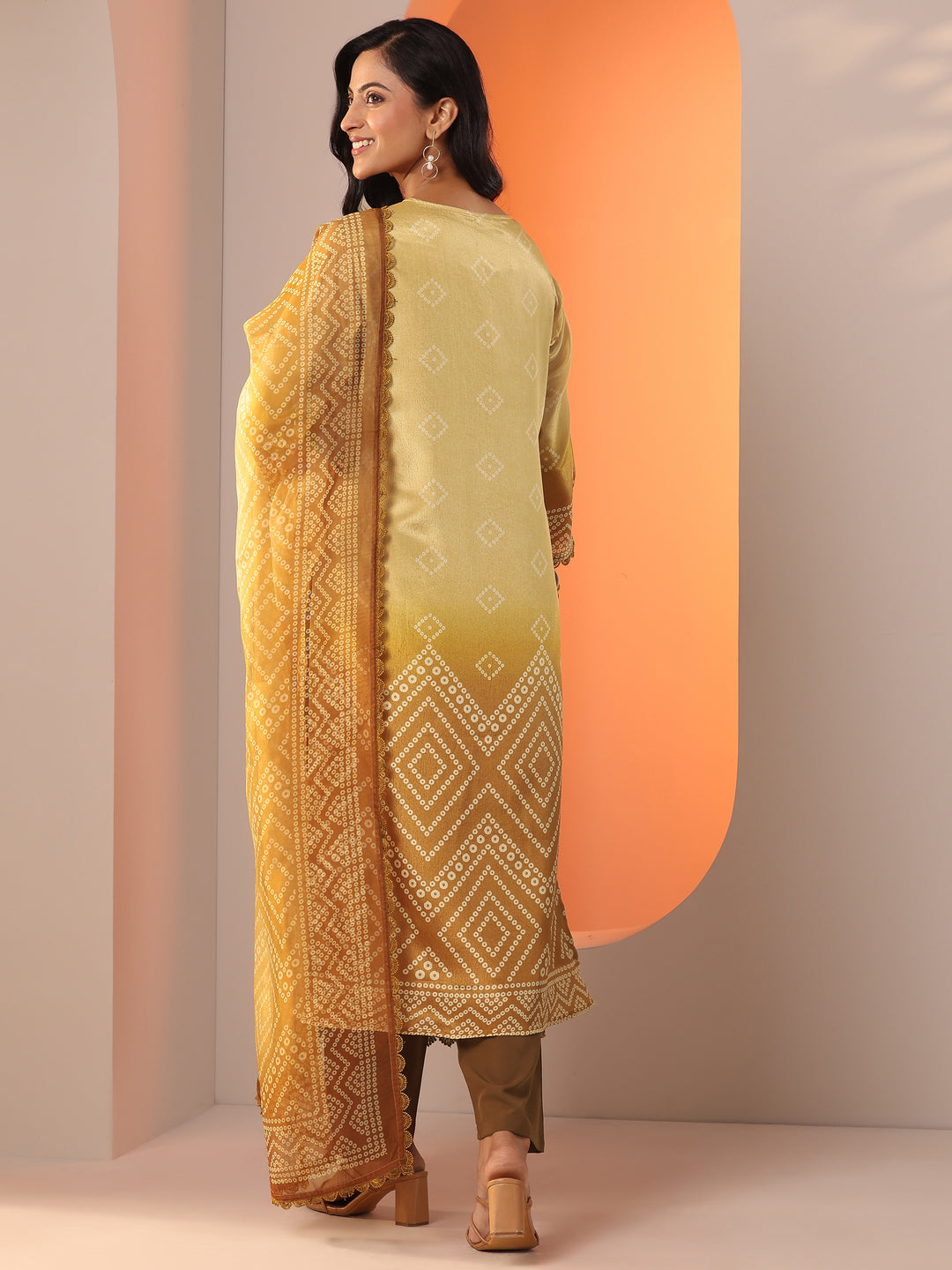 Mustard Printed Chinon Straight Suit Set With Dupatta