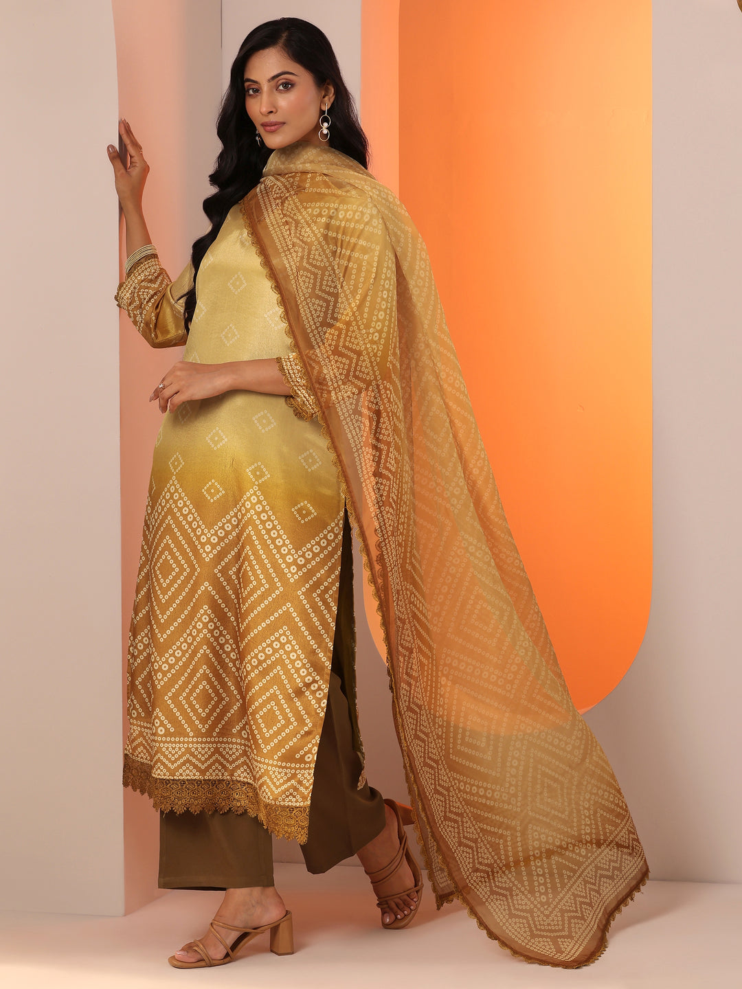 Mustard Printed Chinon Straight Suit Set With Dupatta