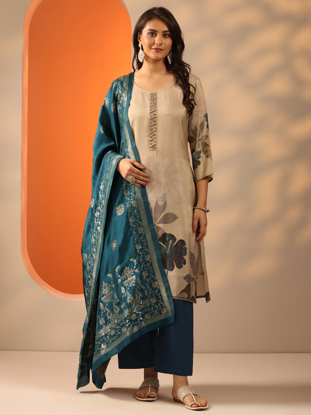 Beige Printed Silk Blend Straight Suit Set With Dupatta