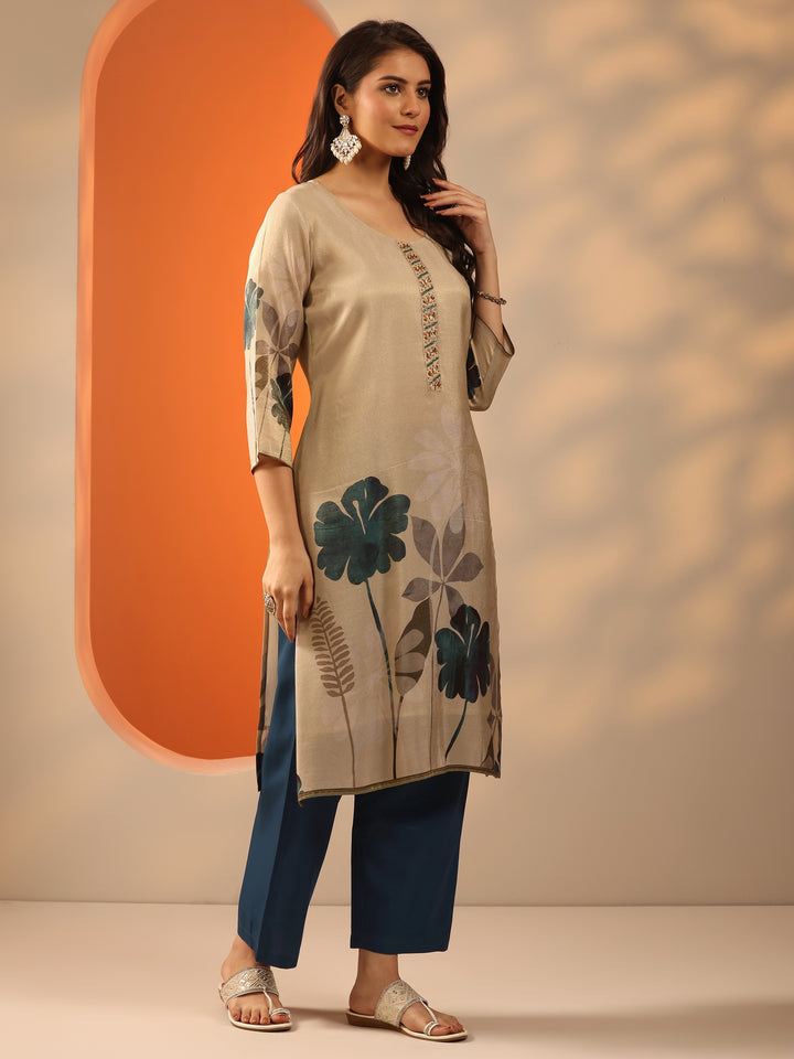 Beige Printed Silk Blend Straight Suit Set With Dupatta