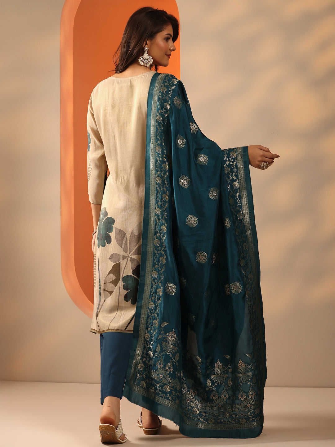 Beige Printed Silk Blend Straight Suit Set With Dupatta