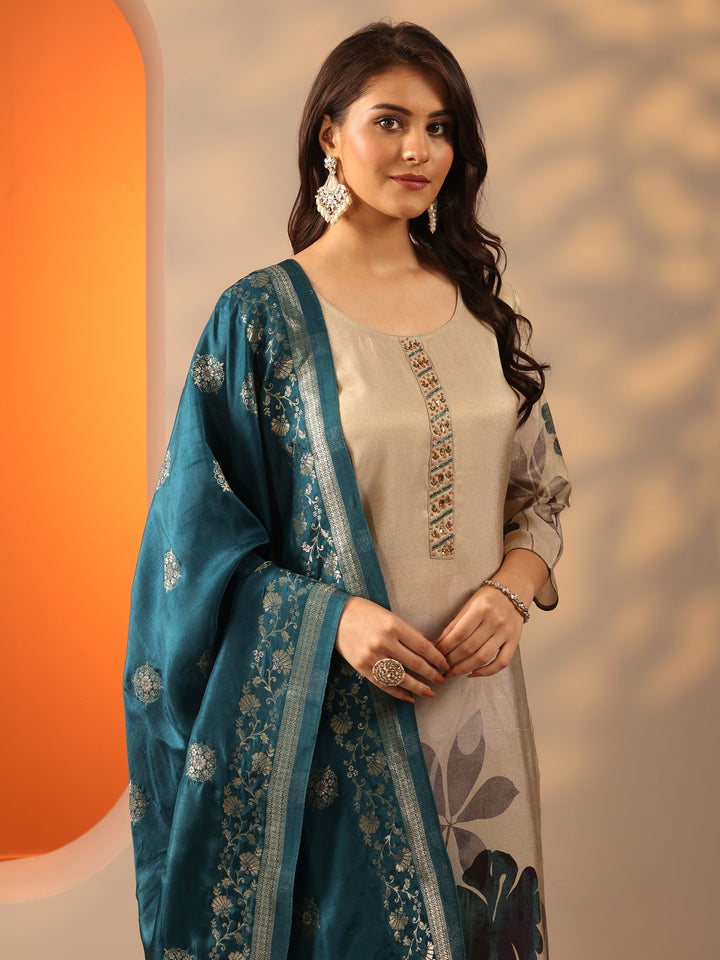 Beige Printed Silk Blend Straight Suit Set With Dupatta