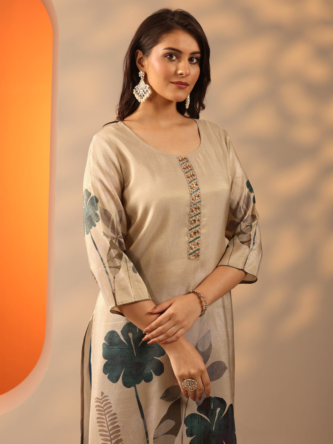 Beige Printed Silk Blend Straight Suit Set With Dupatta