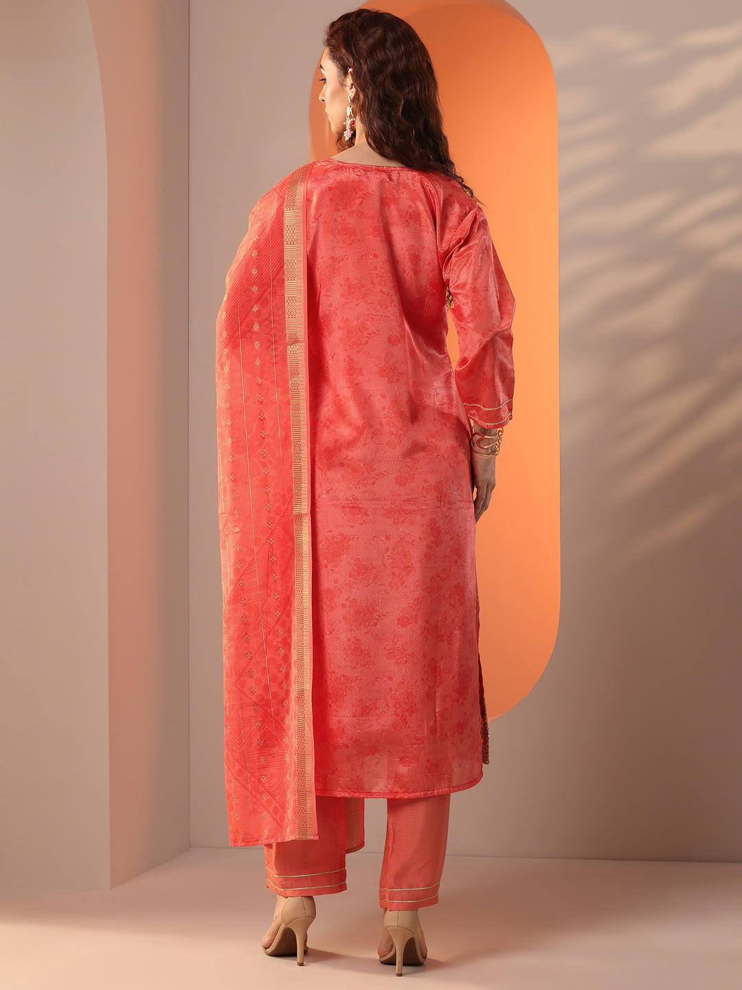 Orange Embellished Chinon Straight Suit Set With Dupatta