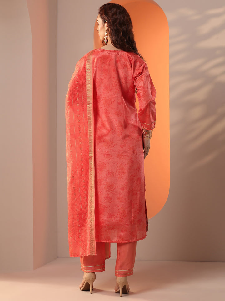 Orange Embellished Chinon Straight Suit Set With Dupatta