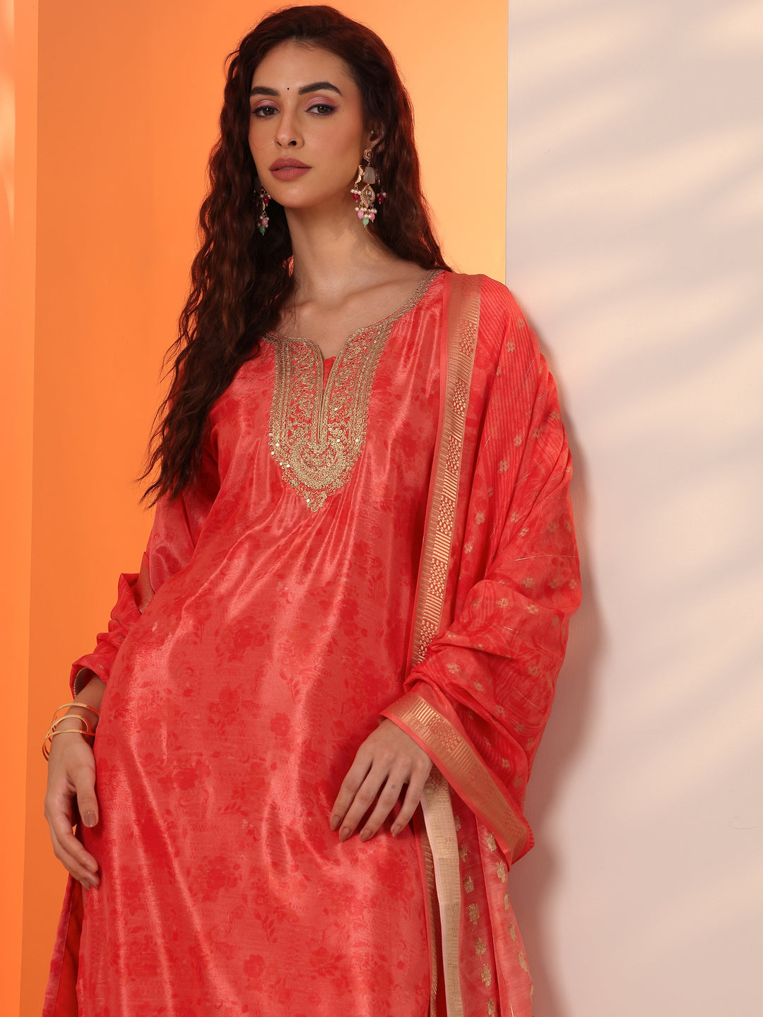 Orange Embellished Chinon Straight Suit Set With Dupatta
