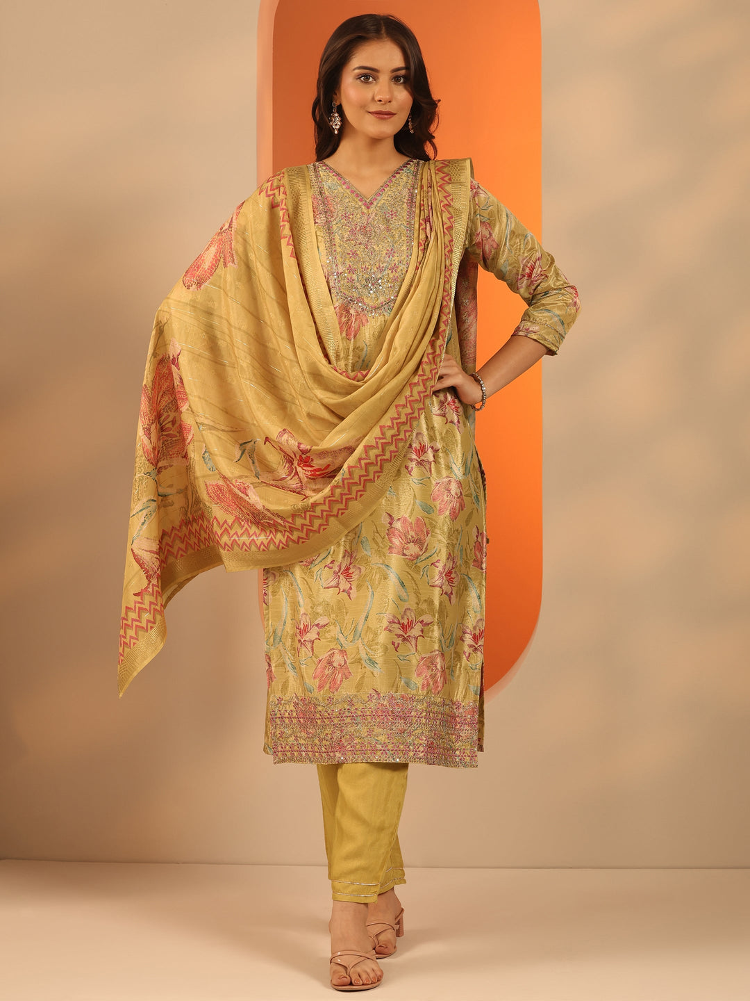 Mustard Printed Chinon Straight Suit Set With Dupatta
