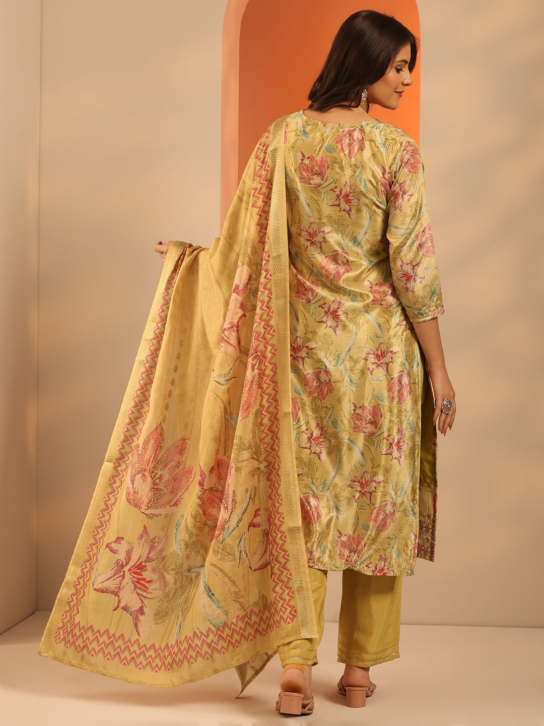 Mustard Printed Chinon Straight Suit Set With Dupatta
