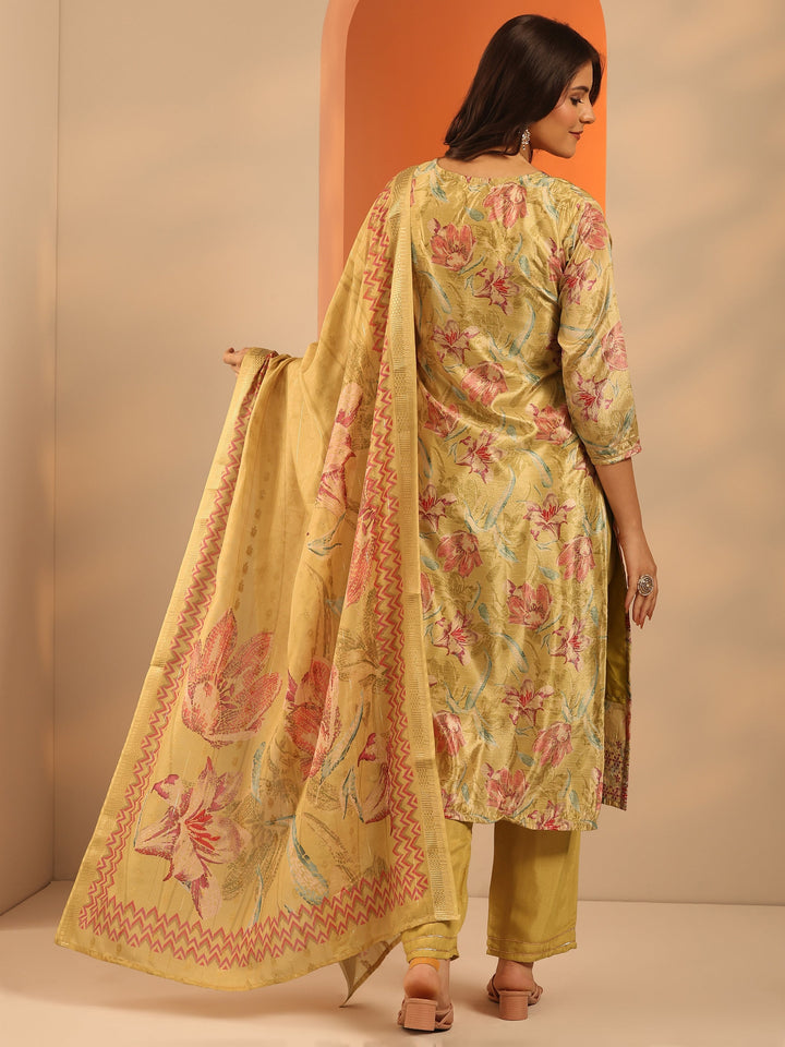 Mustard Printed Chinon Straight Suit Set With Dupatta