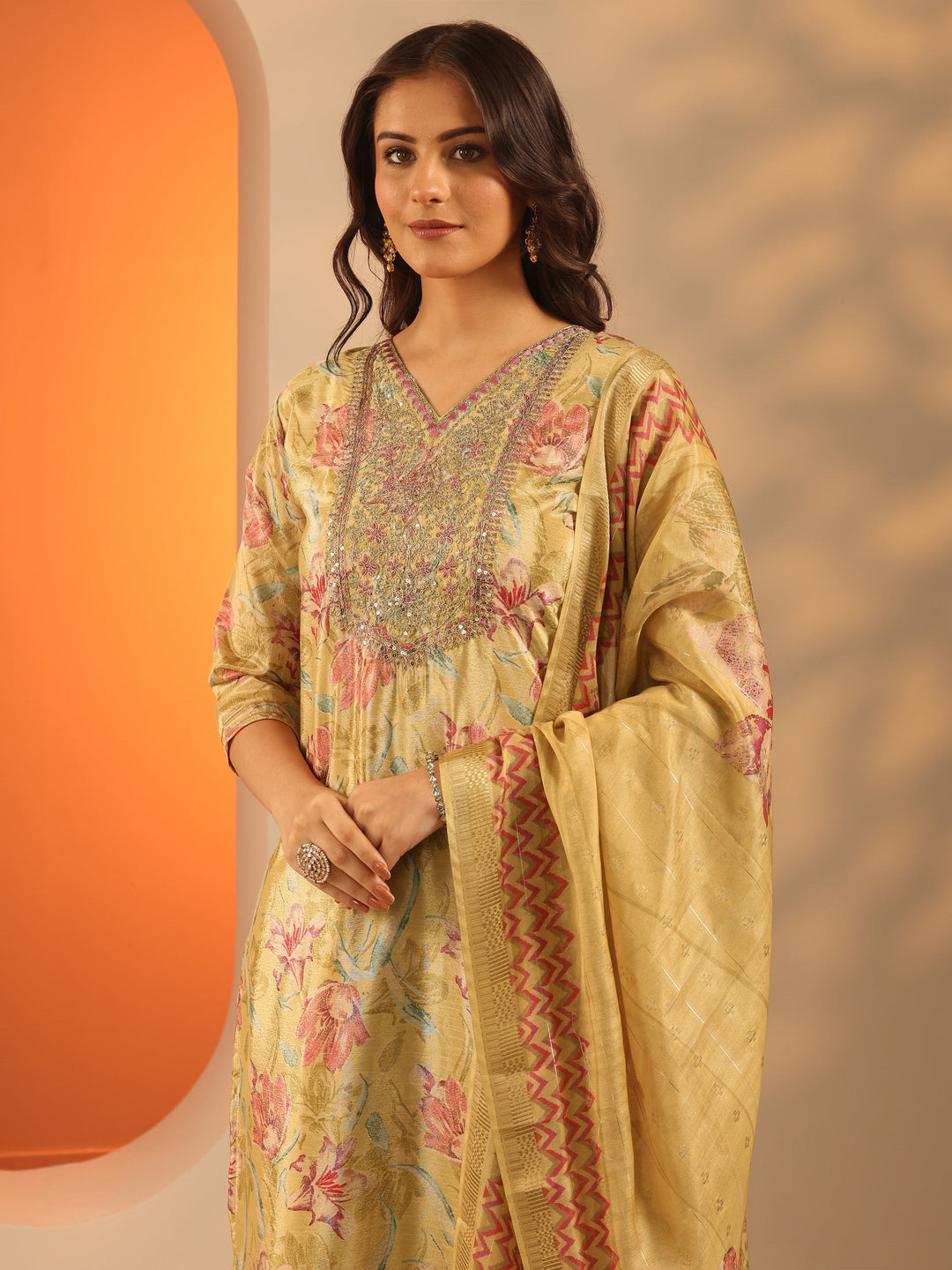 Mustard Printed Chinon Straight Suit Set With Dupatta
