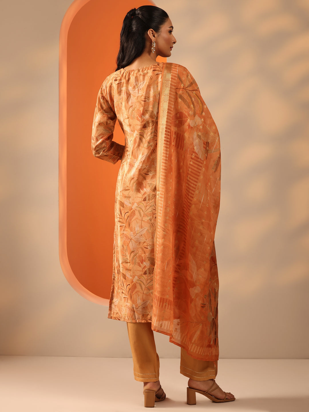Orange Printed Chinon Straight Suit Set With Dupatta