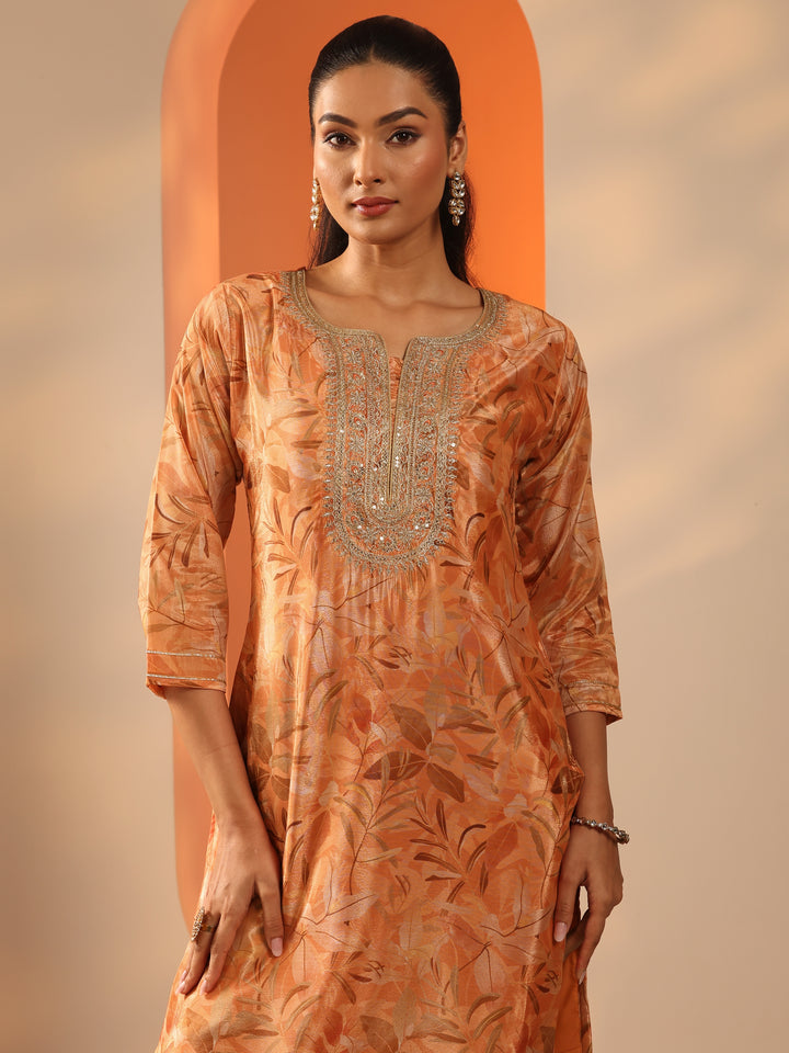 Orange Printed Chinon Straight Suit Set With Dupatta