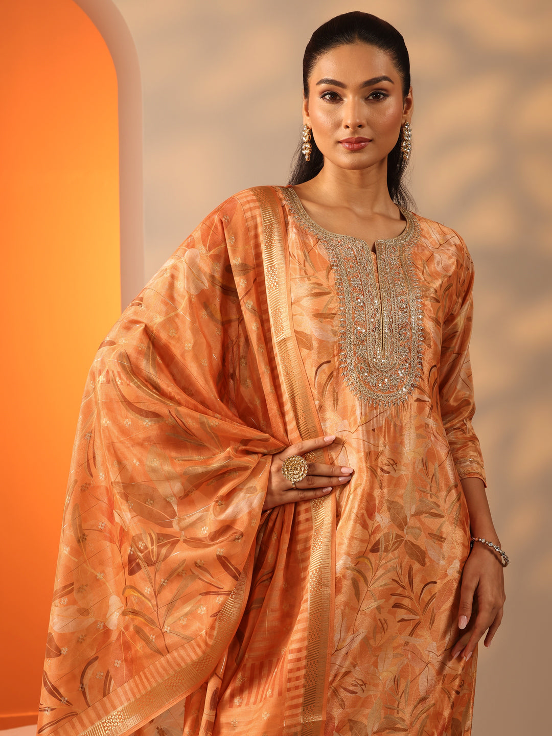 Orange Printed Chinon Straight Suit Set With Dupatta