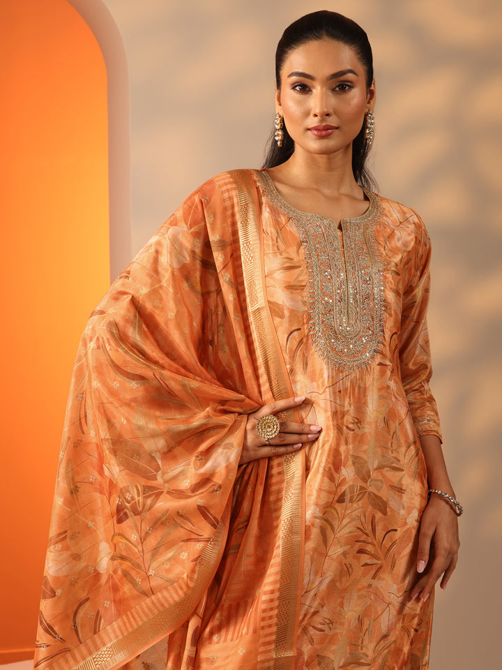 Orange Printed Chinon Straight Suit Set With Dupatta