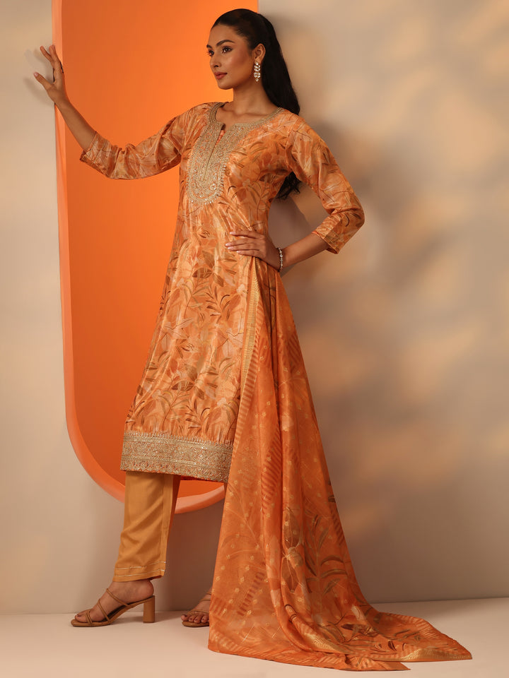 Orange Printed Chinon Straight Suit Set With Dupatta