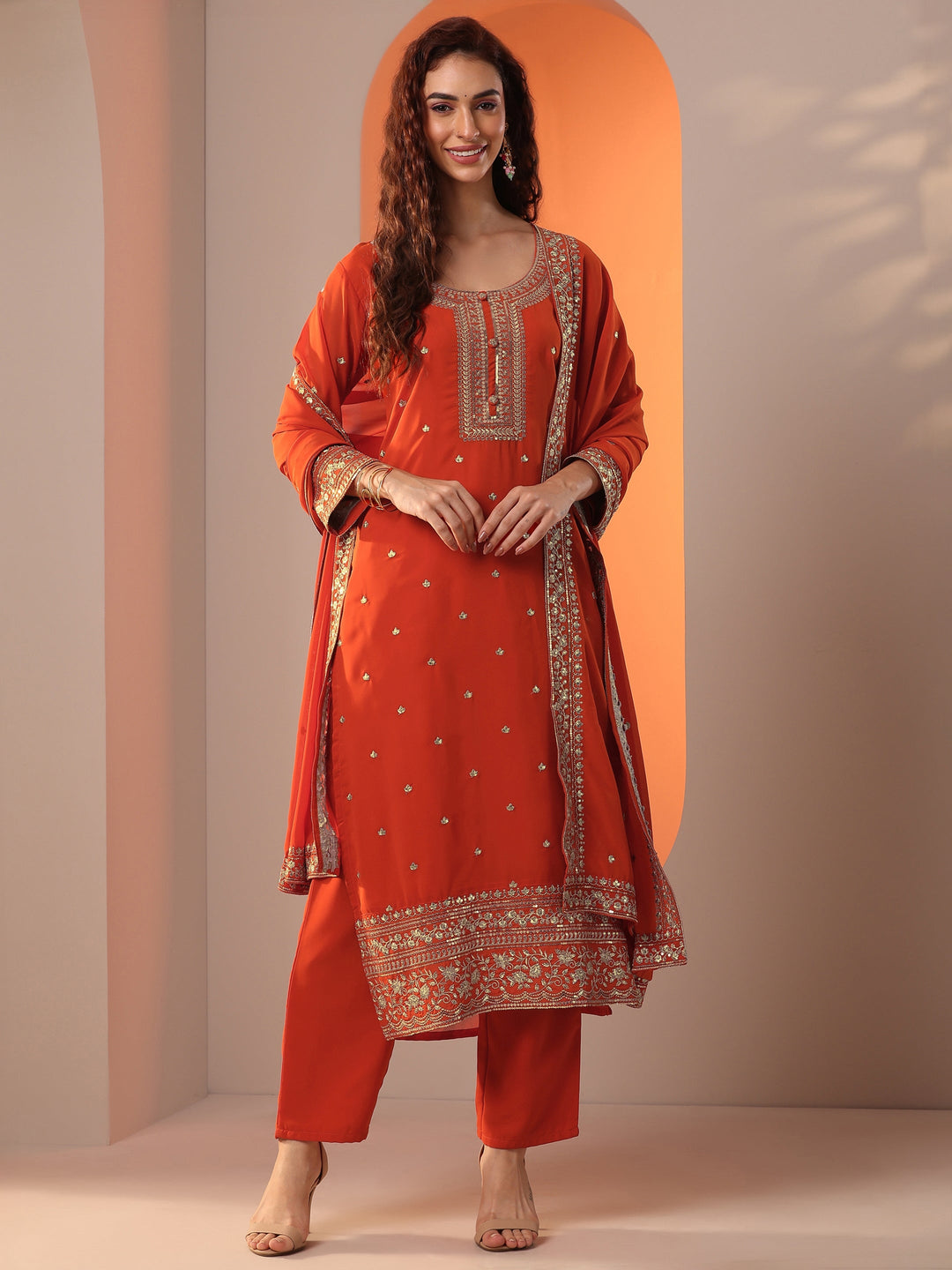 Libas Orange Embellished Georgette Straight Suit Set With Dupatta