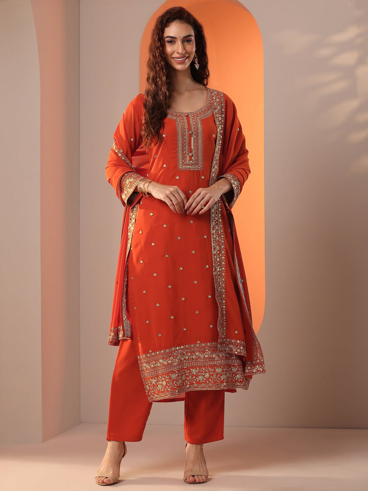 Libas Orange Embellished Georgette Straight Suit Set With Dupatta