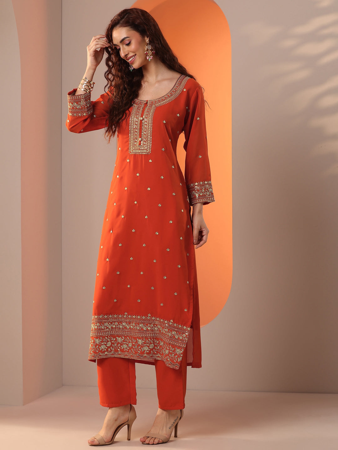 Libas Orange Embellished Georgette Straight Suit Set With Dupatta